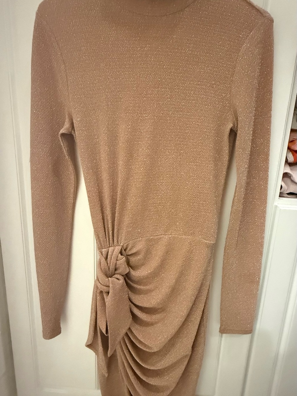 Reformation Long Sleeve Ruched Knot Dress in Beige Sparkle